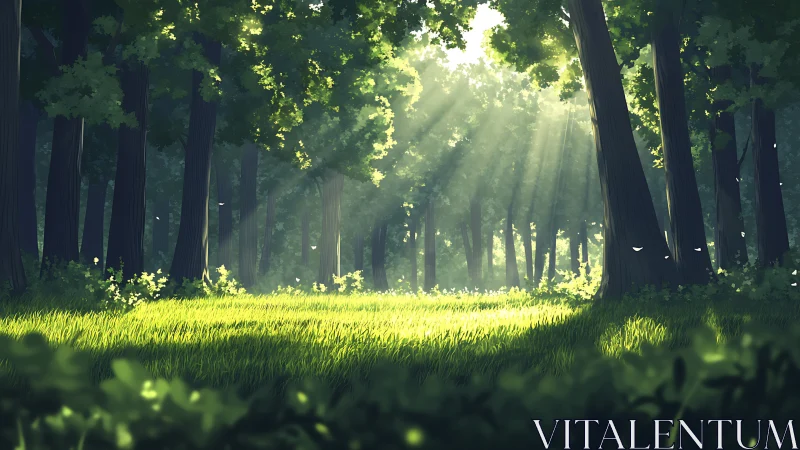Sunlit animated forest clearing with lush grass and tall trees.