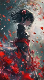 Autumn winds swirl around a quiet girl in a red kimono