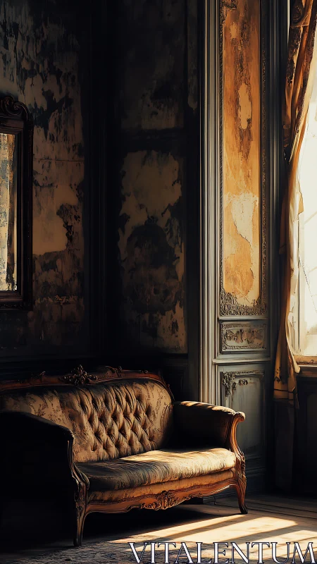 Decayed salon interior captures baroque sofa in directional light