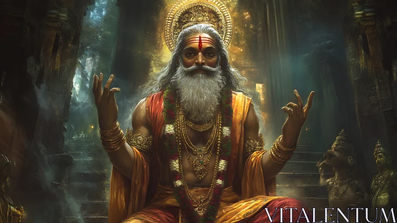 Divine sage in glowing temple hall with radiant golden aura.