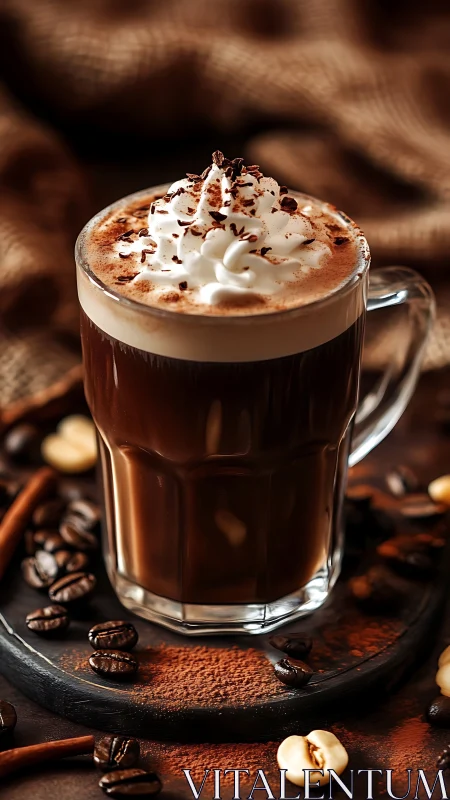 Velvet mocha crowned in whipped cream and cocoa confetti.