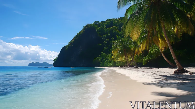 Tropical Lagoon Beach with Limestone Cliffs and Palm Grove Canopy.