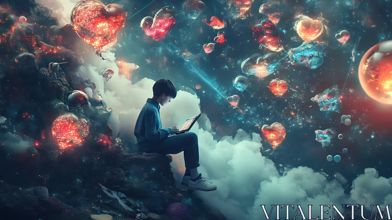 Boy on cloud coding constellations of glowing cosmic hearts.