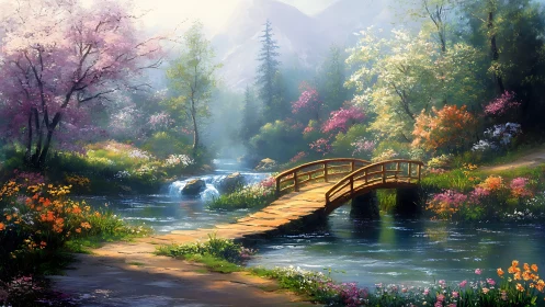 Wooden bridge over calm river in bright spring valley.