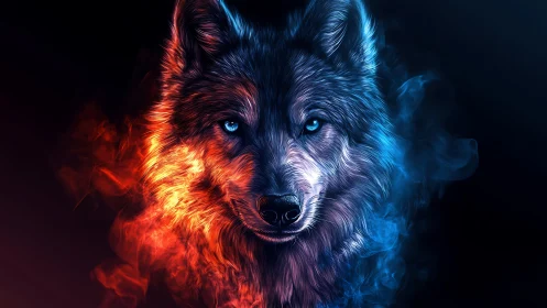Wolf portrait with symmetric fire and smoke lighting effects.