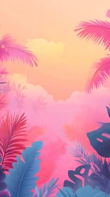 Neon tropical foliage under soft pastel sunset sky.