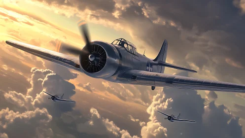 Sunlit warbird soars confidently through glowing storm clouds