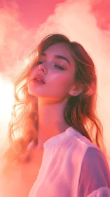 Radiant portrait in neon pink atmospheric backlight glow.