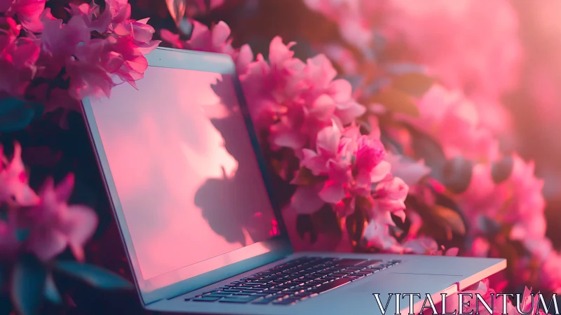 Laptop rests among dense pink flowers under warm light