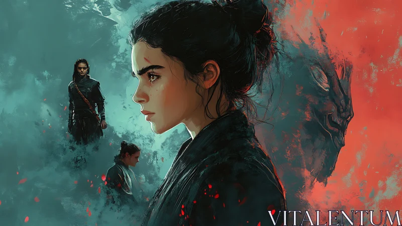 Warrior heroine confronts looming spectral demon presence