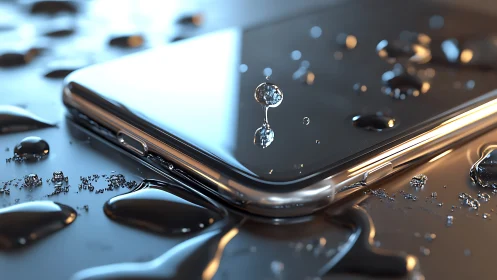 Water resistant smartphone reflects droplets in sharp focus.