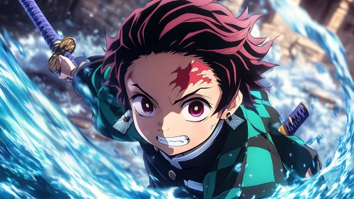 Determined anime swordsman unleashes a roaring water attack
