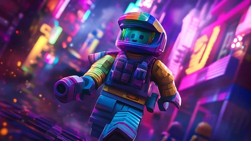 Colorful brick astronaut strolling through neon city streets.