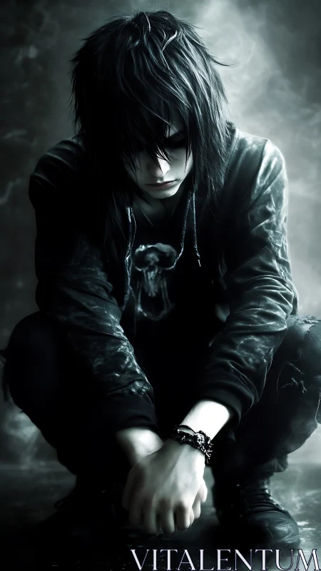 Dark-haired youth crouches in moody monochrome lighting