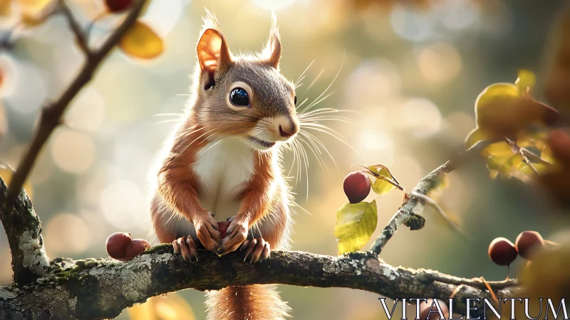 Curious squirrel perched on autumn branch in soft, dreamy light.