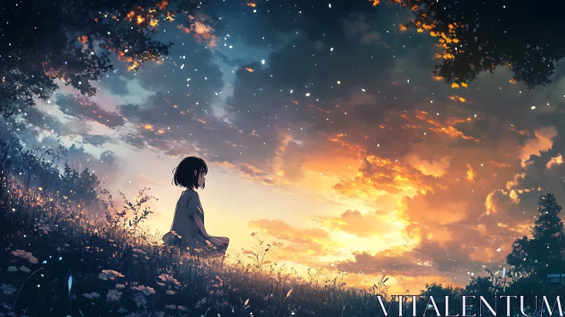 Girl seated in meadow against illuminated sunset sky.