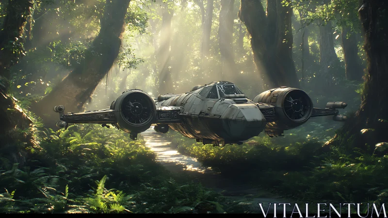 Spacecraft positioned within dense forest with atmospheric light