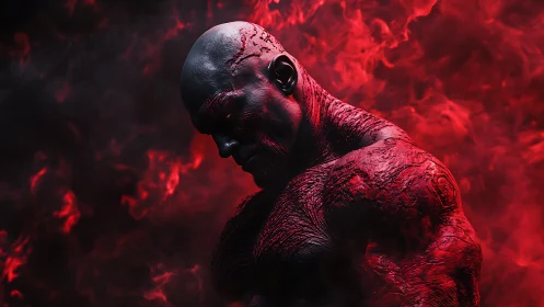 Red-skinned muscular figure broods within swirling crimson smoke.