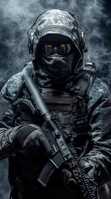 Tactical operator in digital camo armor with carbine rifle