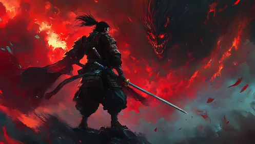 Armored samurai confronts demonic entity within turbulent red vortex