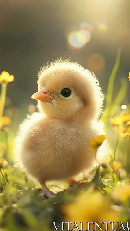 Fluffy chick exploring golden meadow blooms.