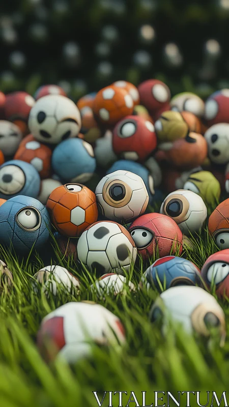 Curious cartoon soccer balls gossip in a grassy daydream field.