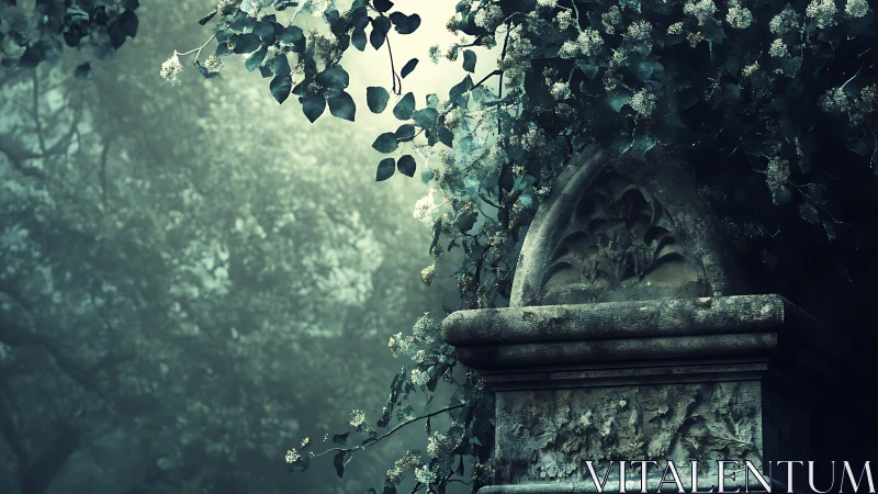 Ancient stone monument hides beneath misty forest canopy.