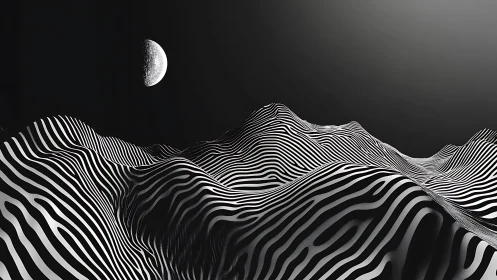 Striped monochrome terrain forms recede under a distant moon