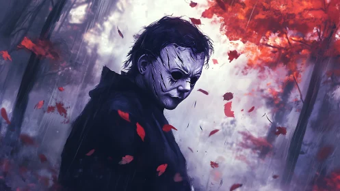 Masked figure in stormy autumn forest with high contrast lighting