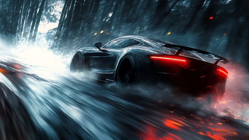 Sleek hypercar slices through a neon-lit, rain-soaked forest road.