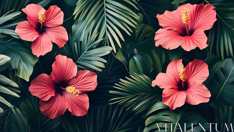 Four pink hibiscus flowers with yellow stamens surrounded by tropical palm fronds