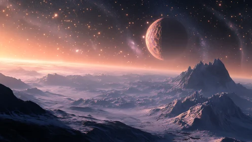 Distant icy exoplanet landscape with ringed moon at sunrise.