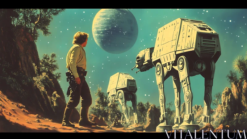 Starlit wanderer confronting colossal walkers on alien sands.