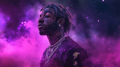 Purple neon dreams surround a confident cosmic performer.