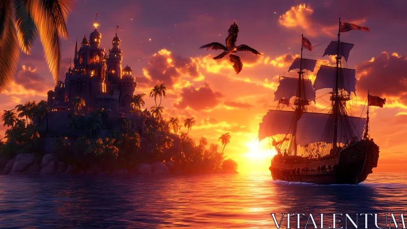 Medieval castle and pirate ship at golden sunset