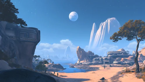 Alien Bazaar Sprawls Beneath Twin Moons and Crystalline Waterfalls