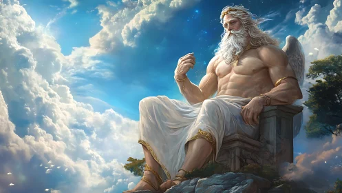 Skyfather deity rules celestial throne above clouds.