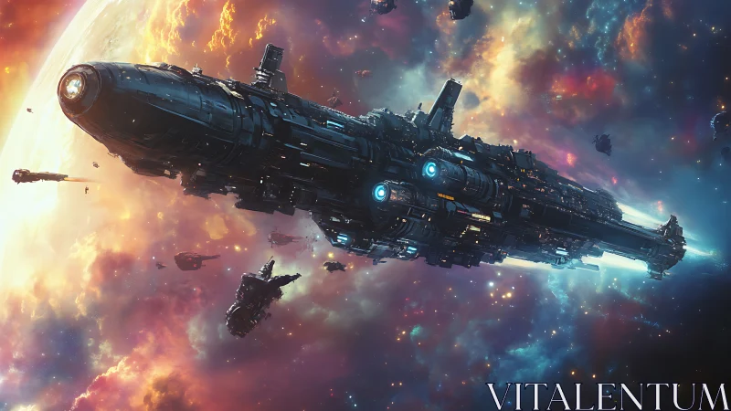 Massive star cruiser glides through blazing cosmic nebula