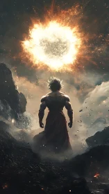 Solitary figure under blazing celestial sphere in ravine.