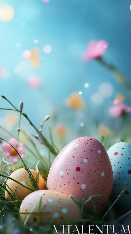 Polka dot Easter eggs nestled in soft-focus spring meadow.
