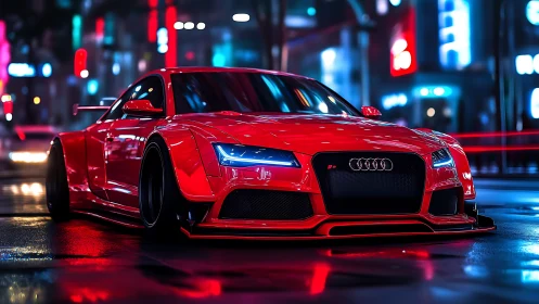 Low-angle view shows modified red sports coupe on wet city street