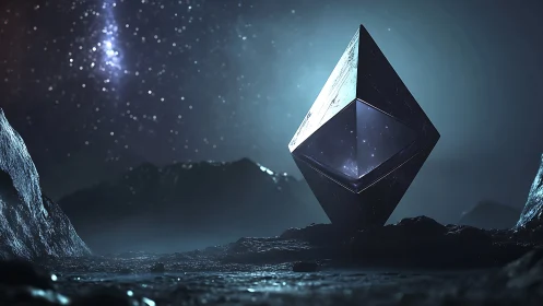 Futuristic crystal monolith standing on alien rocky ground.