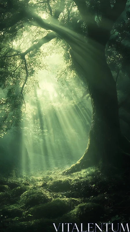 Ethereal Forest Canopy: Cathedral Light Through Ancient Woodland Silhouettes