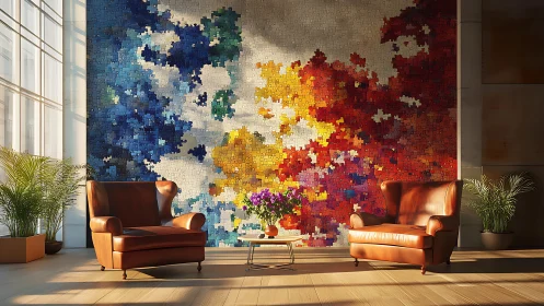 Modern lounge with mosaic puzzle art in warm sunlight.