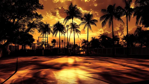 Sunlit palm court at golden hour with dramatic silhouettes.