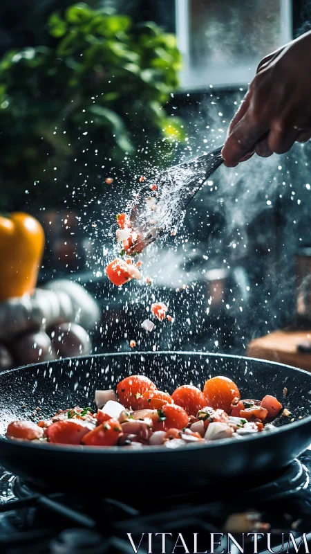 Cook hand tosses vegetables in frying pan with visible motion