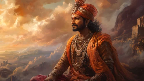 Regal Indian ruler in ornate attire against dramatic sky.