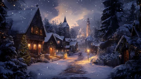 Snowlit Christmas village street under warm lantern glow.