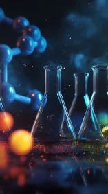 Luminous lab flasks glow under molecular neon haze at night.