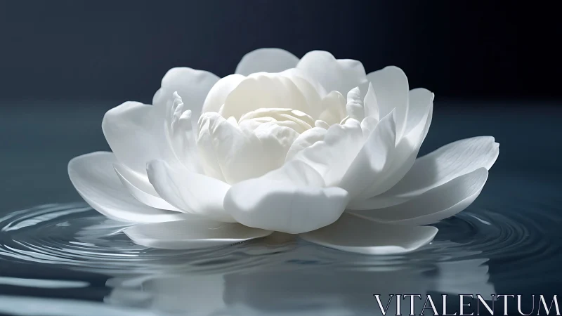 High-key white lotus macro on still reflective water surface